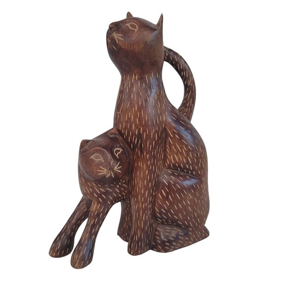 hand made wooden cat figurine 2 kitten cats carved out of wood art decor brown - Picture 8 of 8